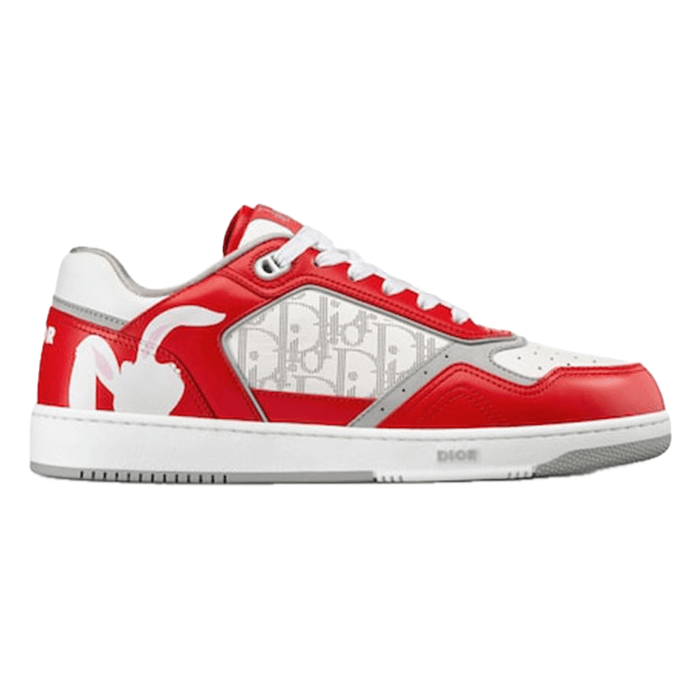 B27 Low ERL Red and White Smooth Calfskin and White Dior Oblique Galaxy Leather with Rabbit Motif